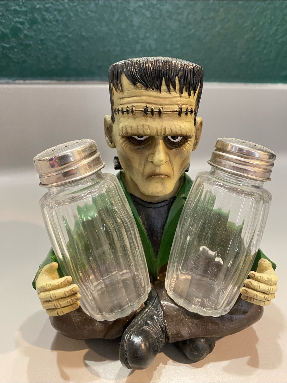 Frankenstein Figurine Salt and Pepper Shaker Holder - Green